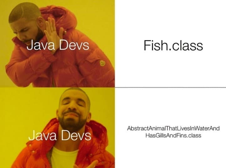 programming memes Java Devs Java Devs Fish.class AbstractAnimalThatLivesinWaterAnd HasGillsAndFins.class