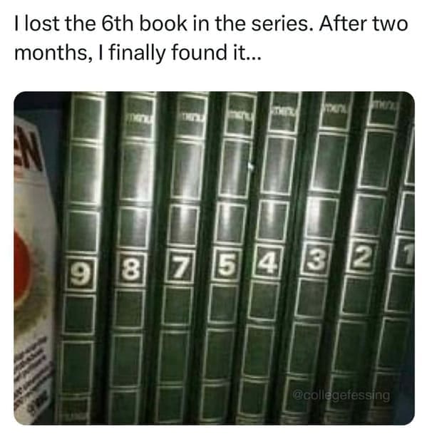 pun memes I lost the 6th book in the series. After two months, I finally found it...