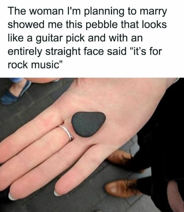 pun memes The woman I'm planning to marry showed me this pebble that looks like a guitar pick and with an entirely straight face said "it's for rock music"