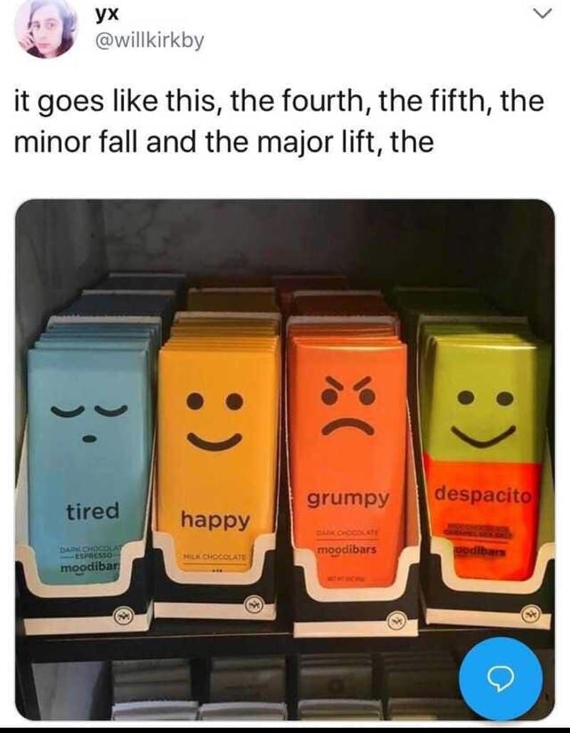 Puns Using Song Lyrics it goes like this, the fourth, the fifth, the minor fall and the major lift, the く tired moodibar happy HEA CHOCOLATE grumpy DARK CHOCOLATE moodibars despacito