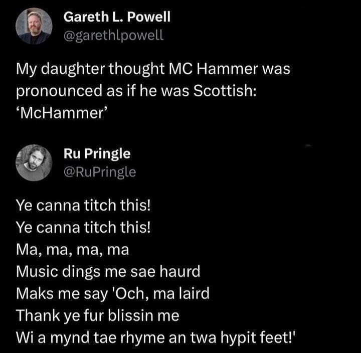 Puns Using Song Lyrics My daughter thought MC Hammer was pronounced as if he was Scottish: 'McHammer'