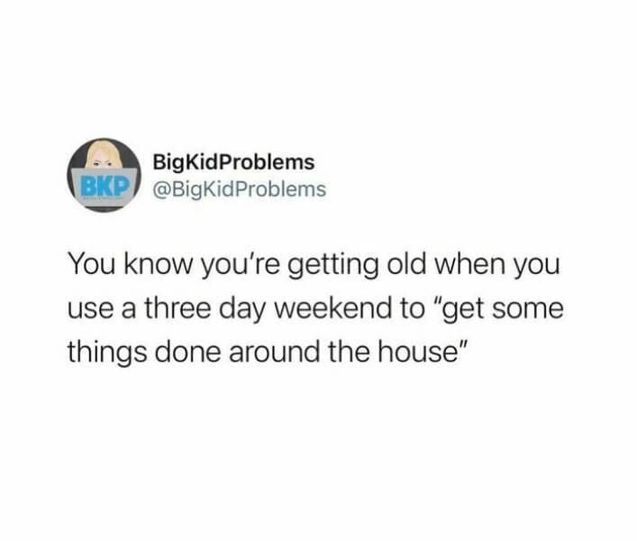 Quarter Life Crisis Memes You know you're getting old when you use a three day weekend to "get some things done around the house"