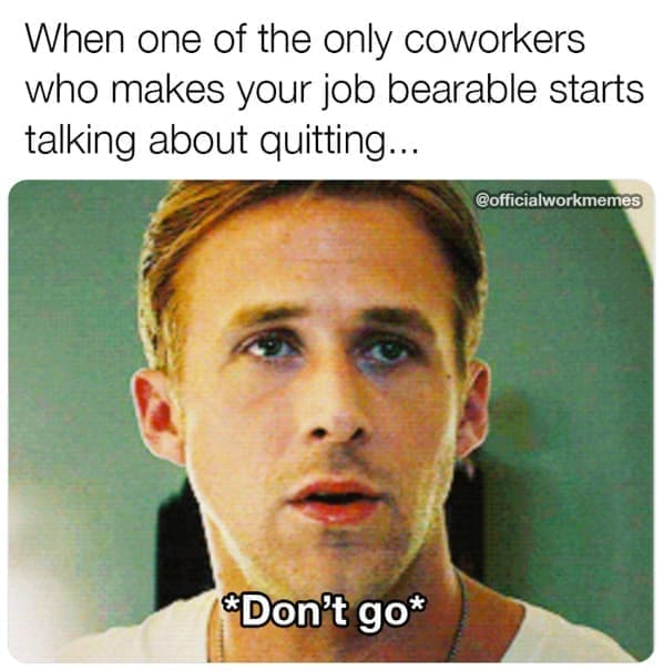 Relatable work memes When one of the only coworkers who makes your job bearable starts talking about quitting... @officialworkmemes "Don't go*