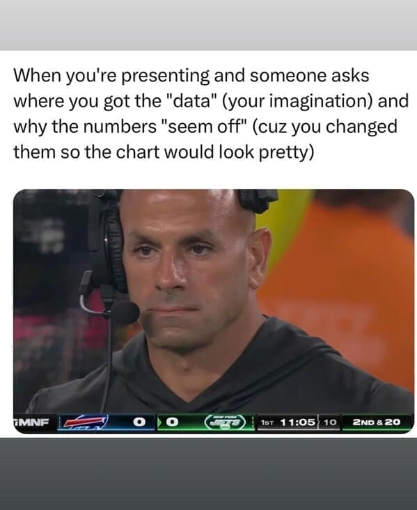 Relatable work memes When you're presenting and someone asks where you got the "data" (your imagination) and why the numbers "seem off" (cuz you changed them so the chart would look pretty)