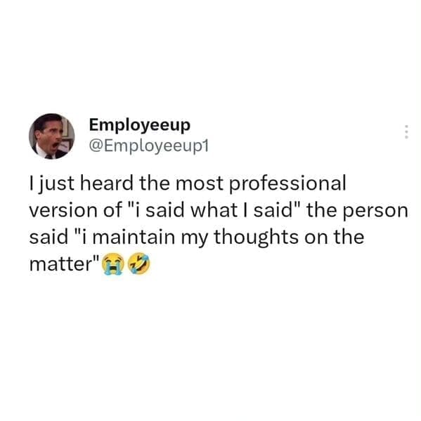 Relatable work memes I just heard the most professional version of "i said what I said" the person said "i maintain my thoughts on the matter"