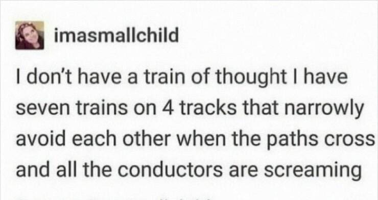 Serotonin memes I don't have a train of thought I have seven trains on 4 tracks that narrowly avoid each other when the paths cross and all the conductors are screaming