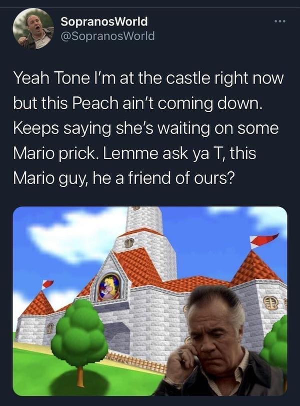 Sopranos memes Yeah Tone I'm at the castle right now but this Peach ain't coming down. Keeps saying she's waiting on some Mario prick. Lemme ask ya T, this Mario guy, he a friend of ours?
