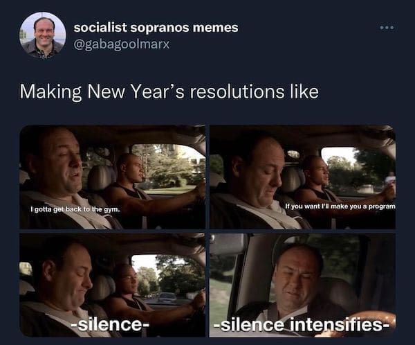 Sopranos memes Making New Year's resolutions like I gotta get back to the gym. If you want I'll make you a program -Silence- -silence intensifies-