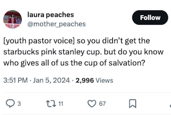 Stanley Tumblr Cup Mug Memes [youth pastor voice] so you didn't get the starbucks pink stanley cup. but do you know who gives all of us the cup of salvation?