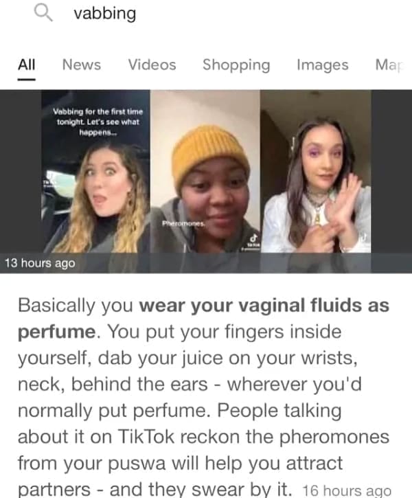Basically you wear your vaginal fluids as perfume. You put your fingers inside yourself, dab your juice on your wrists, neck, behind the ears - wherever you'd normally put perfume. People talking about it on Tik Tok reckon the pheromones from your puswa will help you attract partners - and they swear by