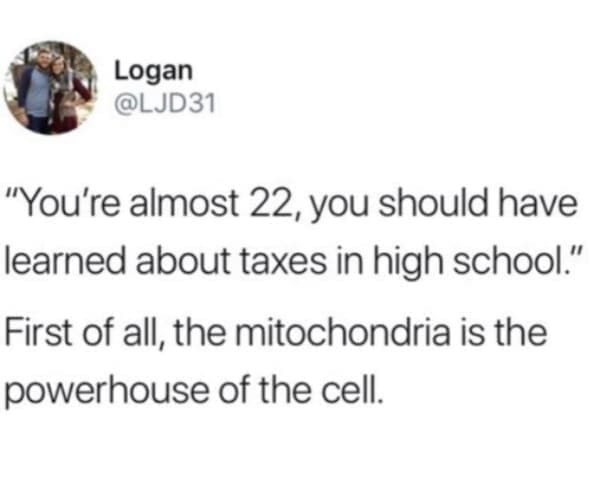 Tax memes "You're almost 22, you should have learned about taxes in high school." First of all, the mitochondria is the powerhouse of the cell.
