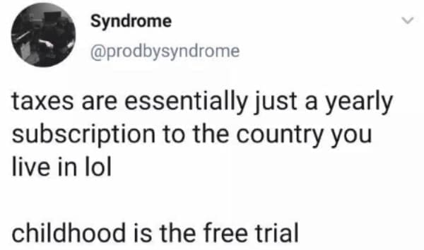 Tax memes taxes are essentially just a yearly subscription to the country you live in lol childhood is the free trial
