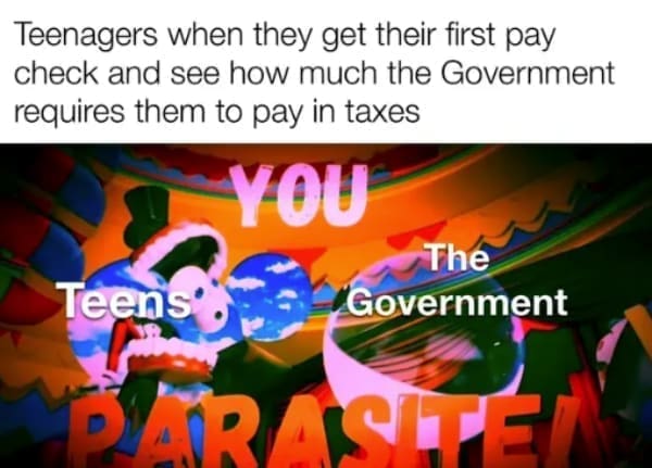 Tax memes Teenagers when they get their first pay check and see how much the Government requires them to pay in taxes YOU Teens', The Government PARASTE
