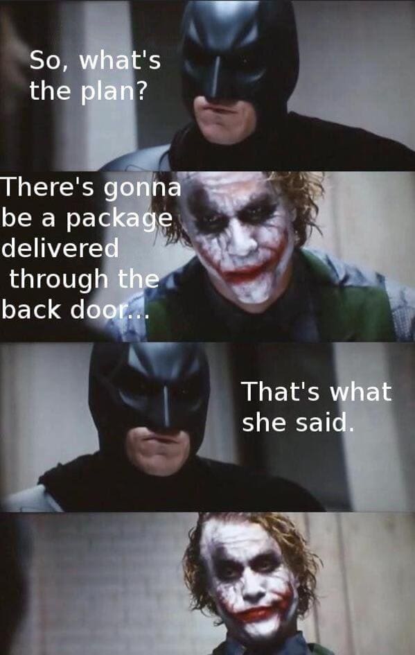 That's what she said memes So, what's the plan? There's gonna be a package delivered through the back door... That's what she said.