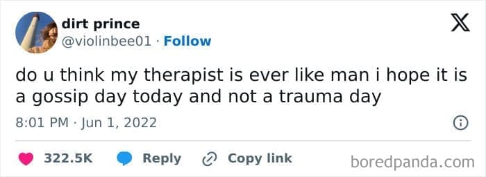 Therapy memes @violinbee01 • Follow do u think my therapist is ever like man i hope it is a gossip day today and not a trauma day