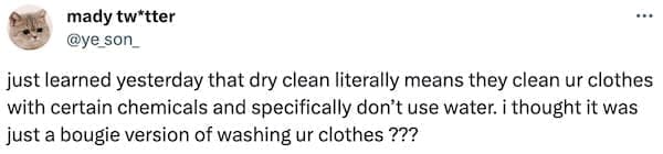 just learned yesterday that dry clean literally means they clean ur clothes with certain chemicals and specifically don't use water. i thought it was just a bougie version of washing ur clothes ???