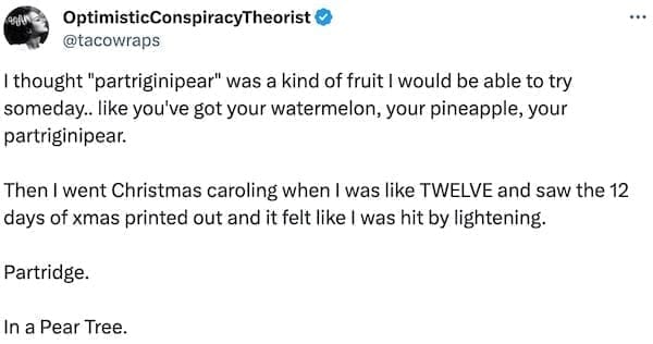 I thought "partriginipear" was a kind of fruit I would be able to try someday. like you've got your watermelon, your pineapple, your partriginipear. Then I went Christmas caroling when I was like TWELVE and saw the 12 days of xmas printed out and it felt like I was hit by lightening. Partridge. In a Pear Tree.
