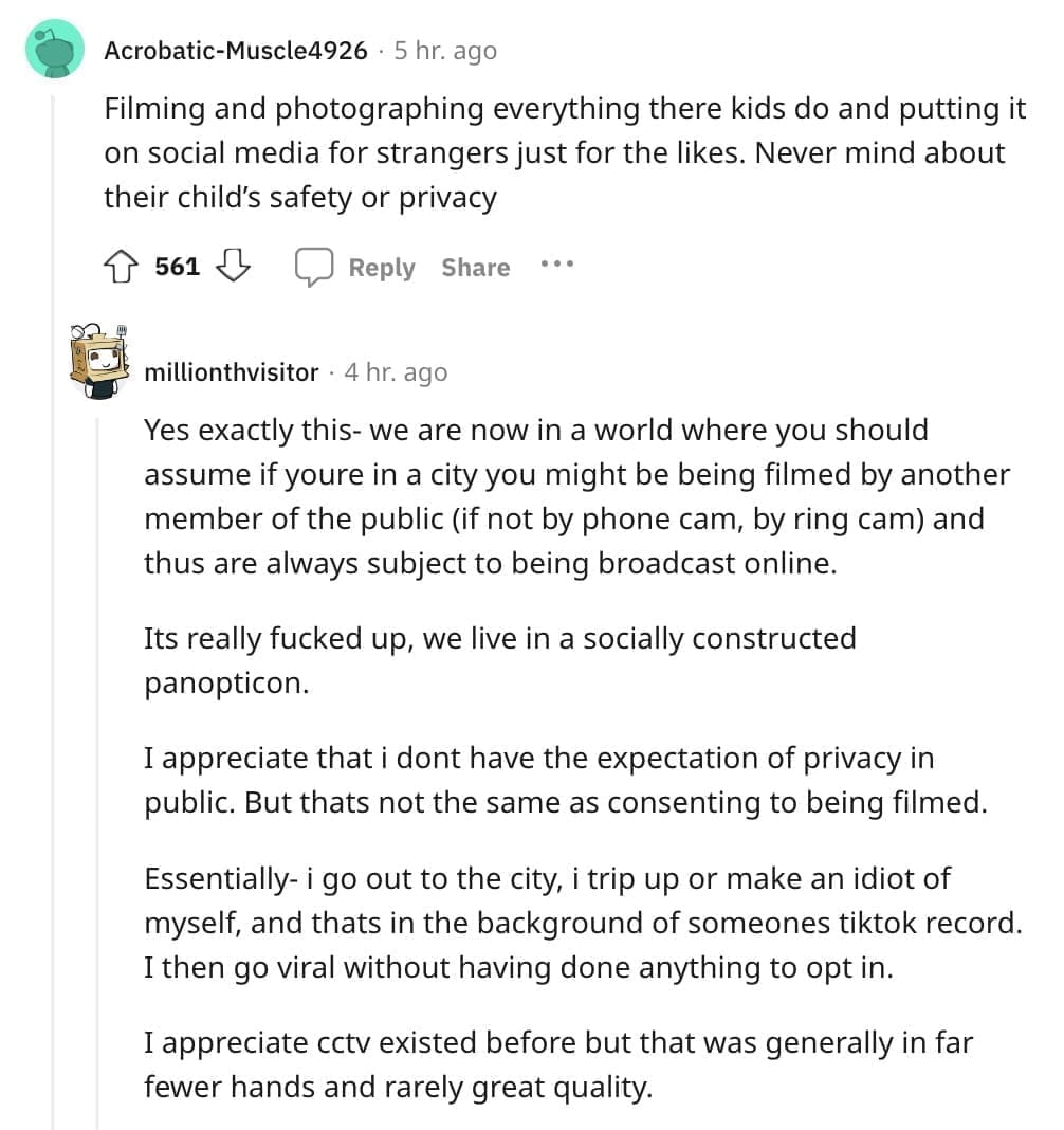 Filming and photographing everything there kids do and putting it on social media for strangers just for the likes. Never mind about their child's safety or privacy