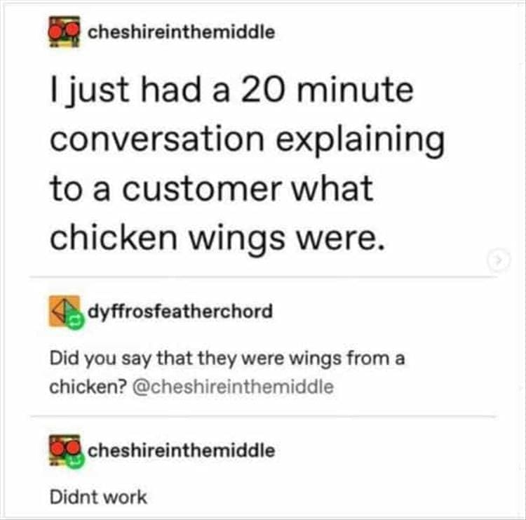 Bad Customers I just had a 20 minute conversation explaining to a customer what chicken wings were.