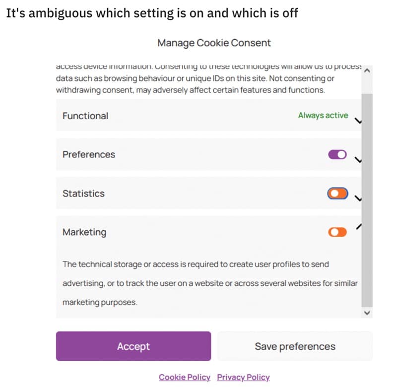 It's ambiguous which setting is on and which is off