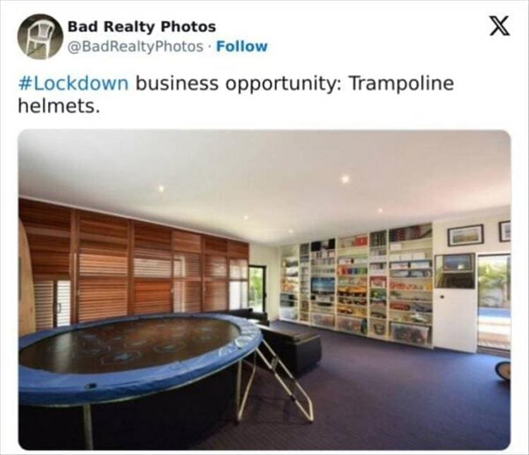 Bad Realty Photos business opportunity: Trampoline helmets.