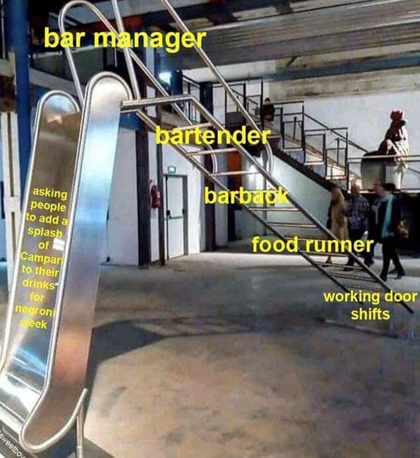 bar manager bartender asking people to add a splash oF Campari to their drinks for negron! Week barback food runner working door shifts