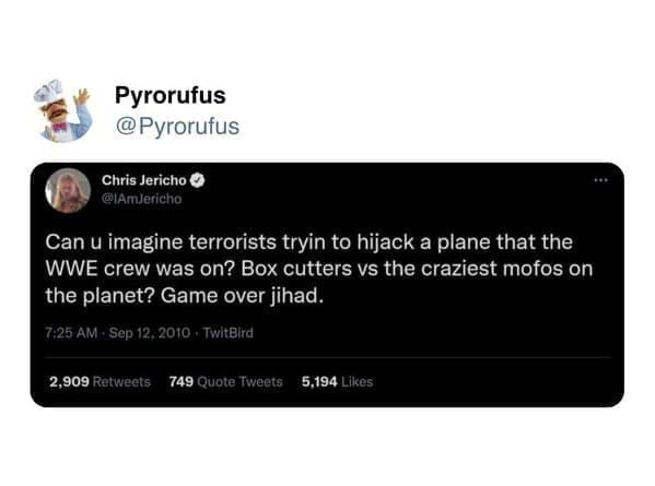 Can u imagine terrorists tryin to hijack a plane that the WWE crew was on? Box cutters vs the craziest moos on the planet? Game over