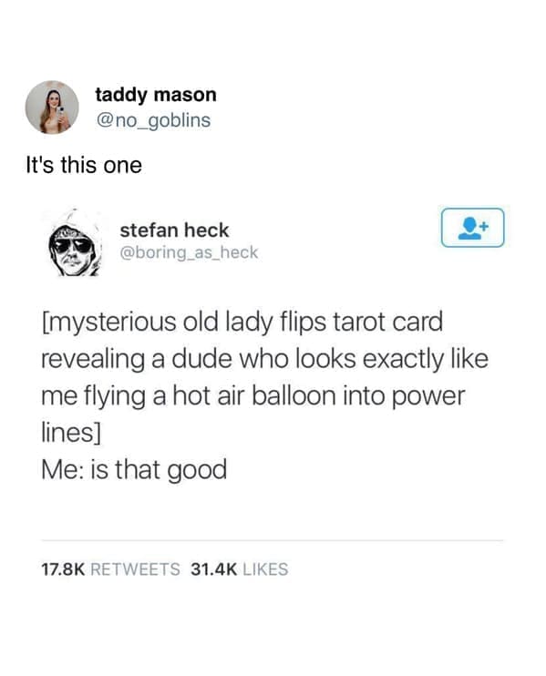 [mysterious old lady flips tarot card revealing a dude who looks exactly like me flying a hot air balloon into power lines] Me: is that good