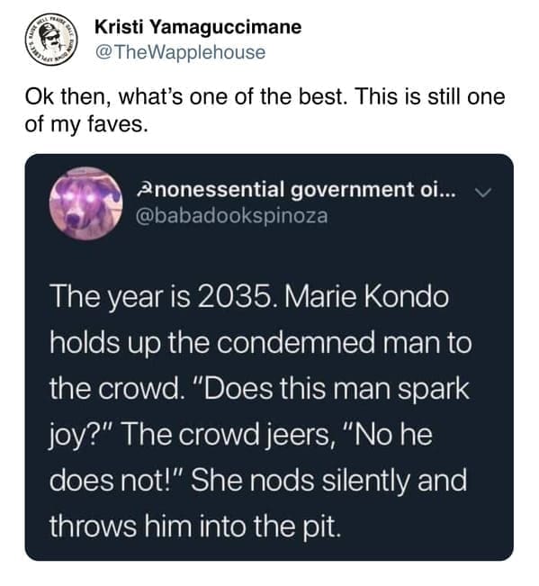 The year is 2035. Marie Kondo holds up the condemned man to the crowd. "Does this man spark joy?" The crowd jeers, "No he does not!" She nods silently and throws him into the pit.