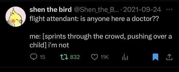 flight attendant: is anyone here a doctor?? me: [sprints through the crowd, pushing over a child] i'm not
