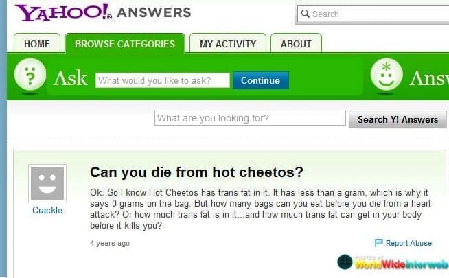 Cheeto Meme Can you die from hot cheetos? Ok. So I know Hot Cheetos has trans fat in it. It has less than a gram, which is why it says 0 grams on the bag. But how many bags can you eat before you die from a heart attack? Or how much
