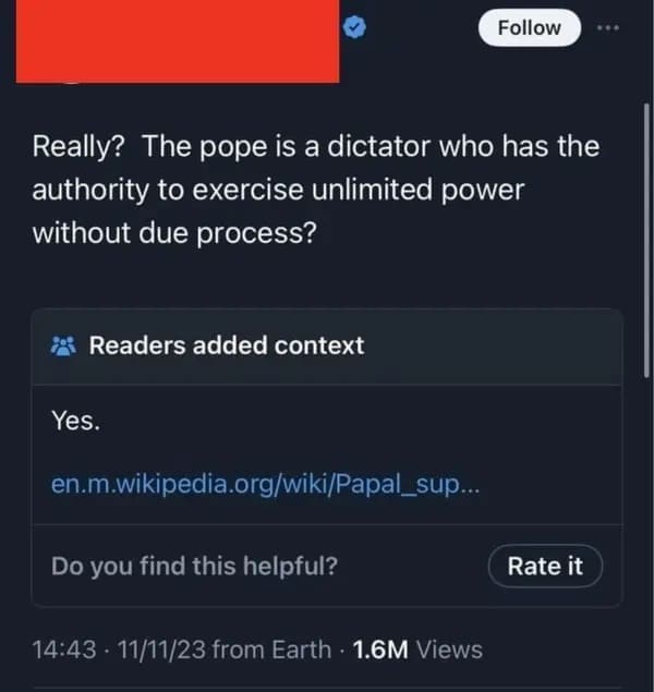Really? The pope is a dictator who has the authority to exercise unlimited power without due process?