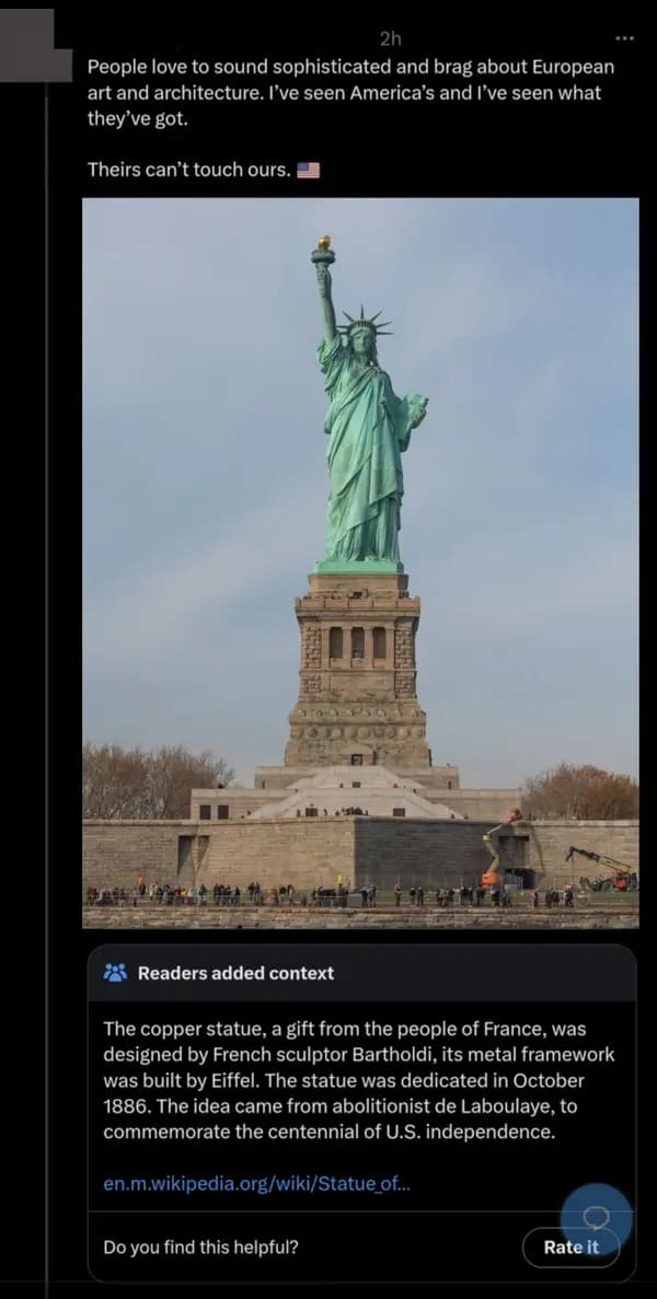 The copper statue, a gift from the people of France, was designed by French sculptor Bartholdi, its metal framework was built by Eiffel. The statue was dedicated in October 1886. The idea came from abolitionist de Laboulaye, to commemorate the centennial of U.S. independence.