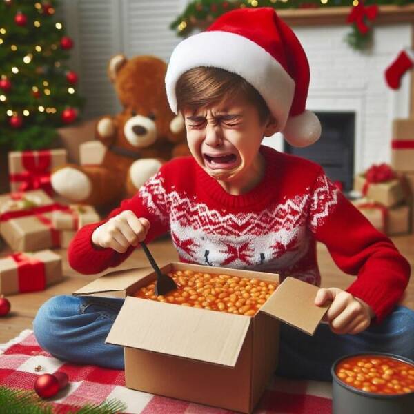 Christmas kid with box of beans.