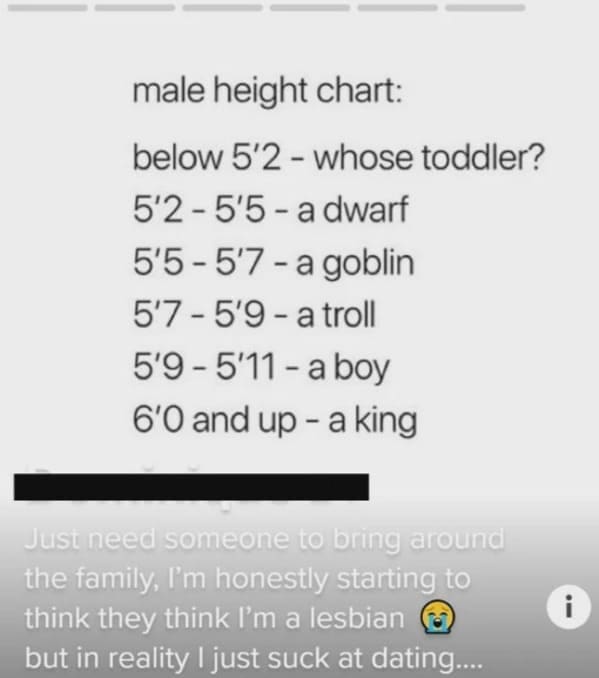 Dating App Fails male height chart: below 5'2 - whose toddler? 5'2-5'5 - a dwarf 5'5 - 5'7 - a goblin 5'7 - 5'9 - a troll 5'9 - 5'11 - a boy 6'0 and up - a