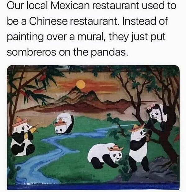 Dumb Memes Our local Mexican restaurant used to be a Chinese restaurant. Instead of painting over a mural, they just put sombreros on the pandas.