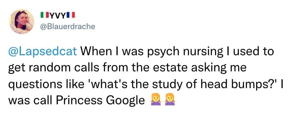 When I was psych nursing I used to get random calls from the estate asking me questions like 'what's the study of head bumps?' I was call Princess Google