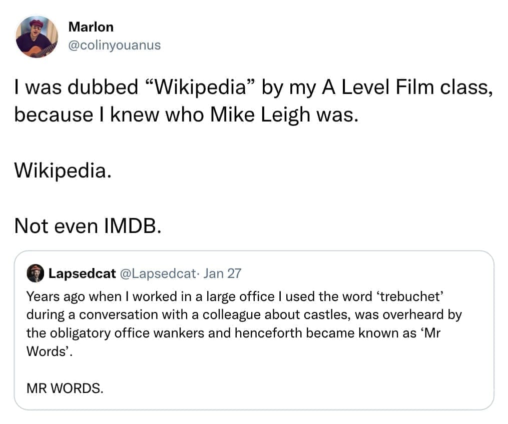 I was dubbed "Wikipedia" by my A Level Film class, because I knew who Mike Leigh was. Wikipedia. Not even IMDB.