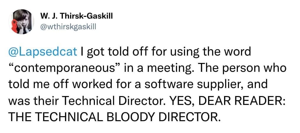 I got told off for using the word "contemporaneous" in a meeting. The person who told me off worked for a software supplier, and was their Technical Director. YES, DEAR READER: THE TECHNICAL BLOODY DIRECTOR.