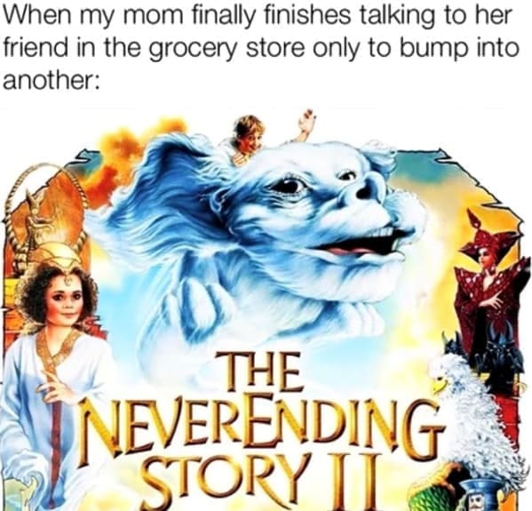 Family memes When my mom finally finishes talking to her friend in the grocery store only to bump into another: THE UNEVERENDING STORY TI