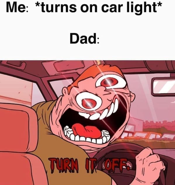 Family memes Me: *turns on car light* Dad: TURN IR OFE