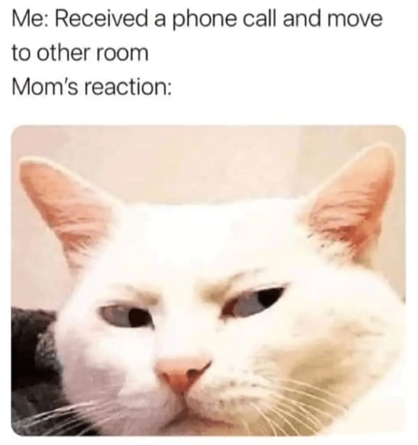 Family memes Me: Received a phone call and move to other room Mom's reaction:
