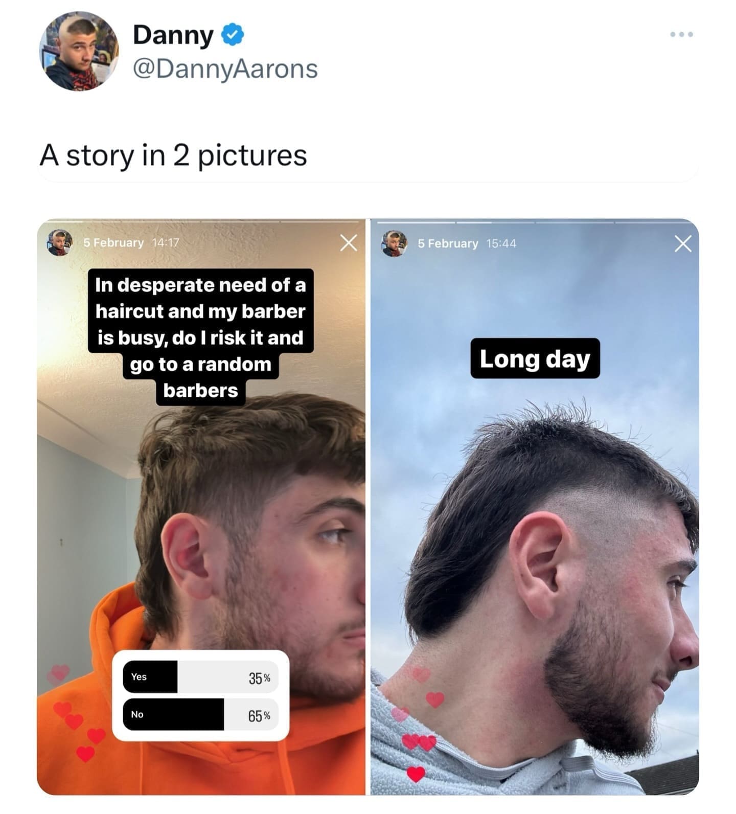 funny memes A story in 2 pictures. In desperate need of a haircut and my barber is busy, do I risk it and go to a random barbers