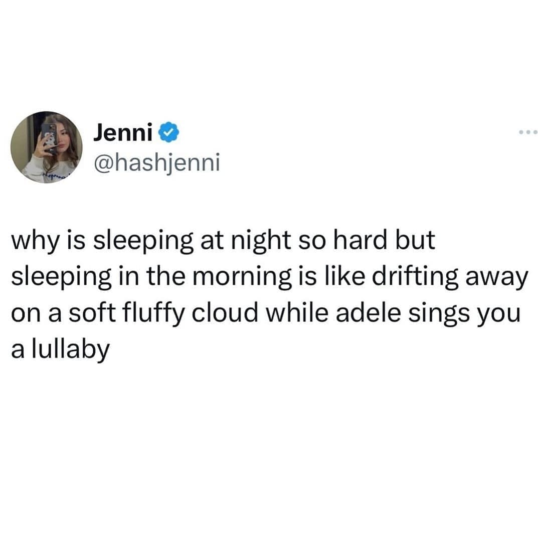 funny memes @hashjenni why is sleeping at night so hard but sleeping in the morning is like drifting away on a soft fluffy cloud while adele sings you a lullaby