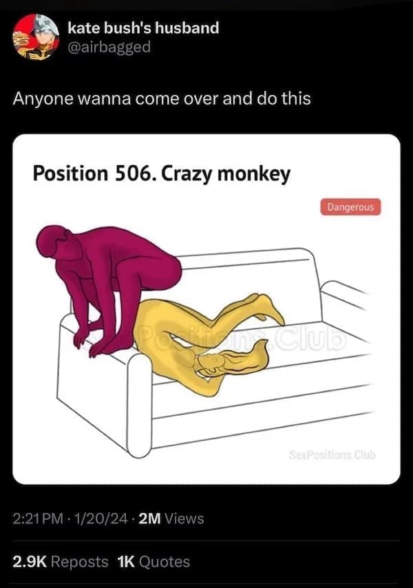 funny memes Anyone wanna come over and do this Position 506. Crazy monkey