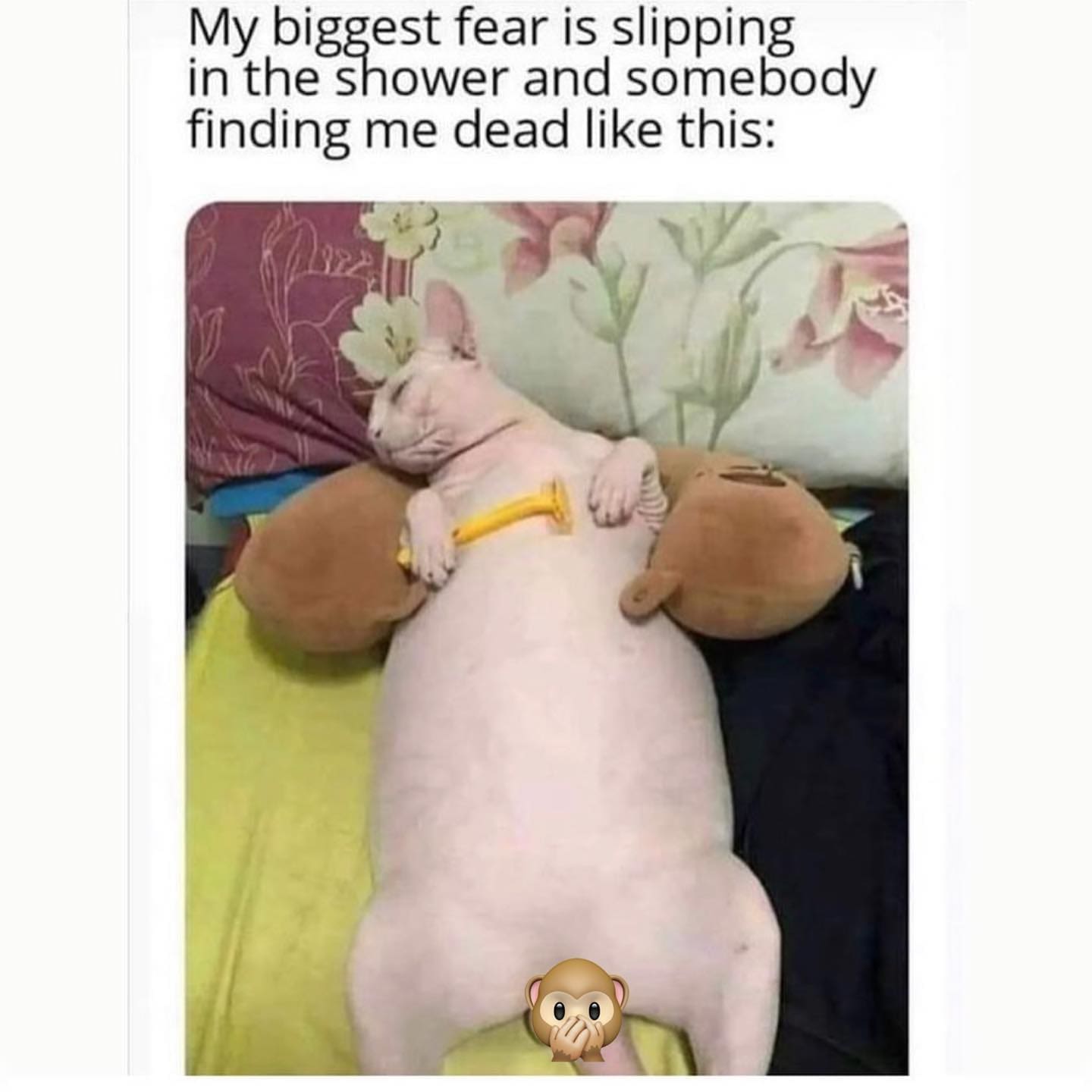 My biggest fear is slipping in the shower and somebody finding me dead like this: