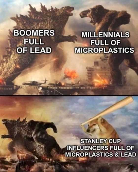 funny memes BOOMERS FULL OF LEAD MILLENNIALS FULL OF MICROPLASTICS STANLEY CUP INFLUENCERS FULL OF MICROPLASTICS & LEAD