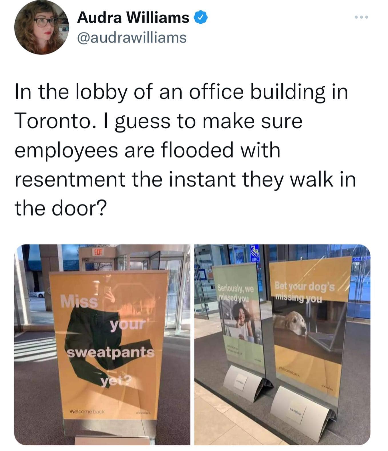 In the lobby of an office building in Toronto. I guess to make sure employees are flooded with resentment the instant they walk in the door?