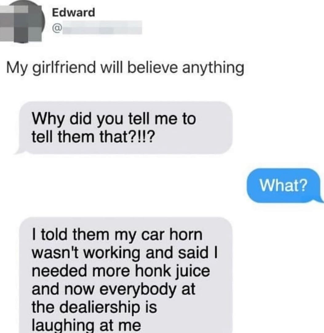 funny memes My girlfriend will believe anything Why did you tell me to tell them that?!!? I told them my car horn wasn't working and said I needed more honk juice and now everybody at the dealership is laughing at me