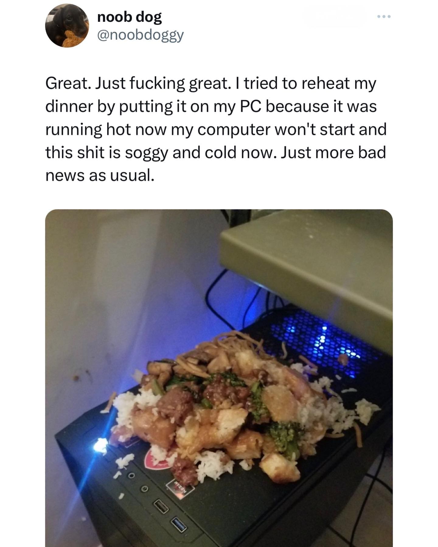 funny pics I tried to reheat my dinner by putting it on my PC because it was running hot now my computer won't start and this shit is soggy and cold now. Just more bad news as usual.